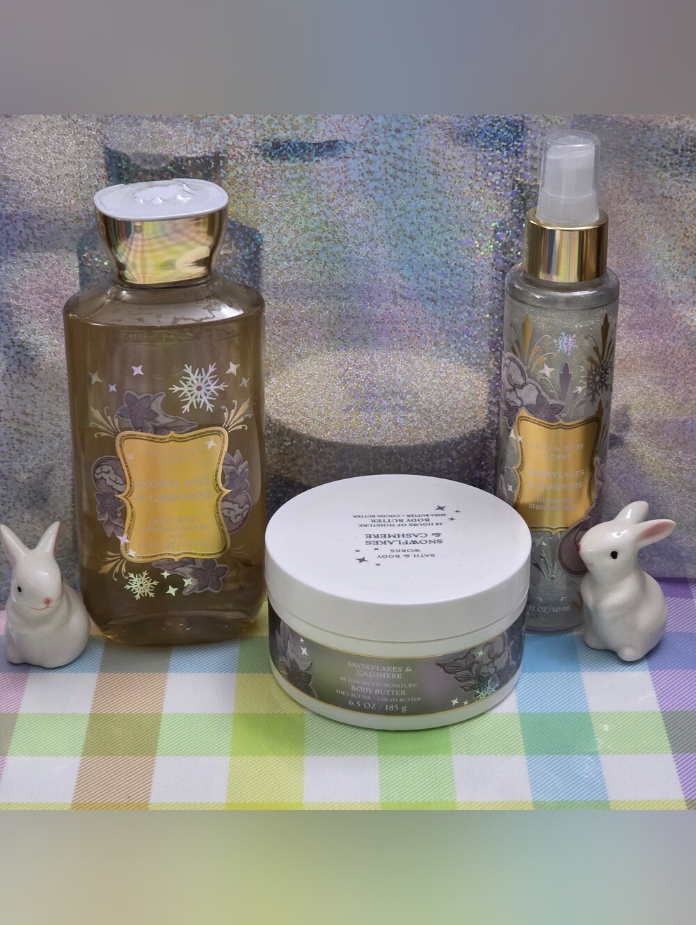 Bath & Body Works Gold and White Snowflakes & Cashmere Body Set 3 Piece NEW RARE